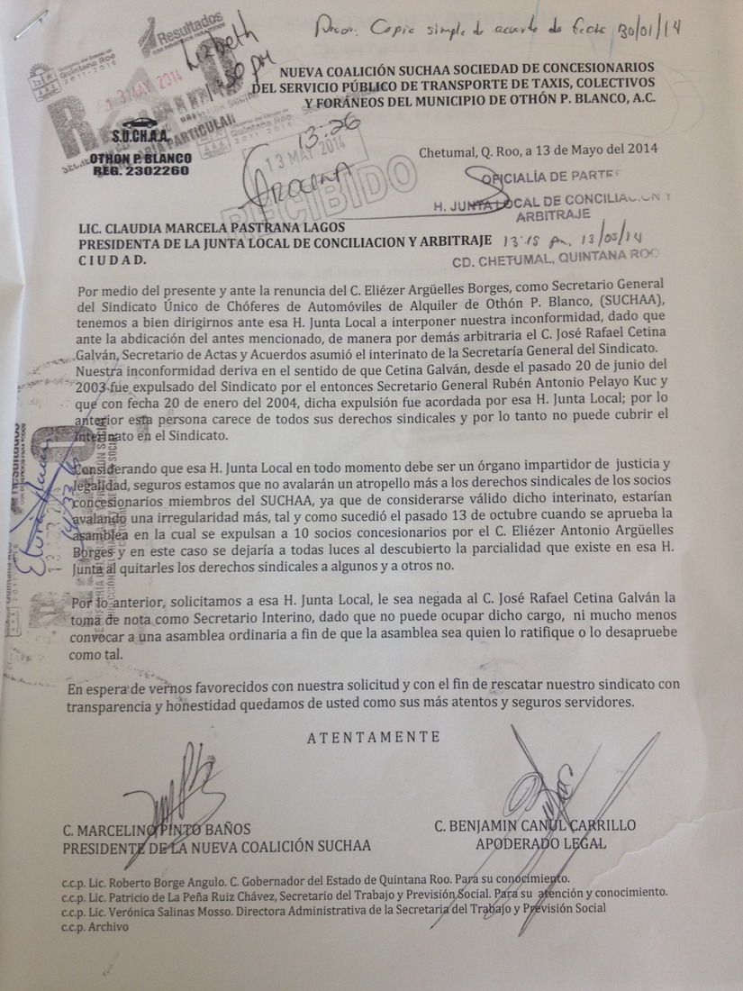 Taxistas disidentes del SUCHAA promoverán ante la  (JLCyA) se retome el recurso de impugnación