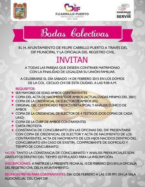 Gobierno del “Pato” Carballo refuerza campaña para bodas colectivas de “San Valentín”