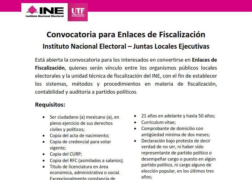 Publica el INE convocatoria nacional para Enlaces de Fiscalización