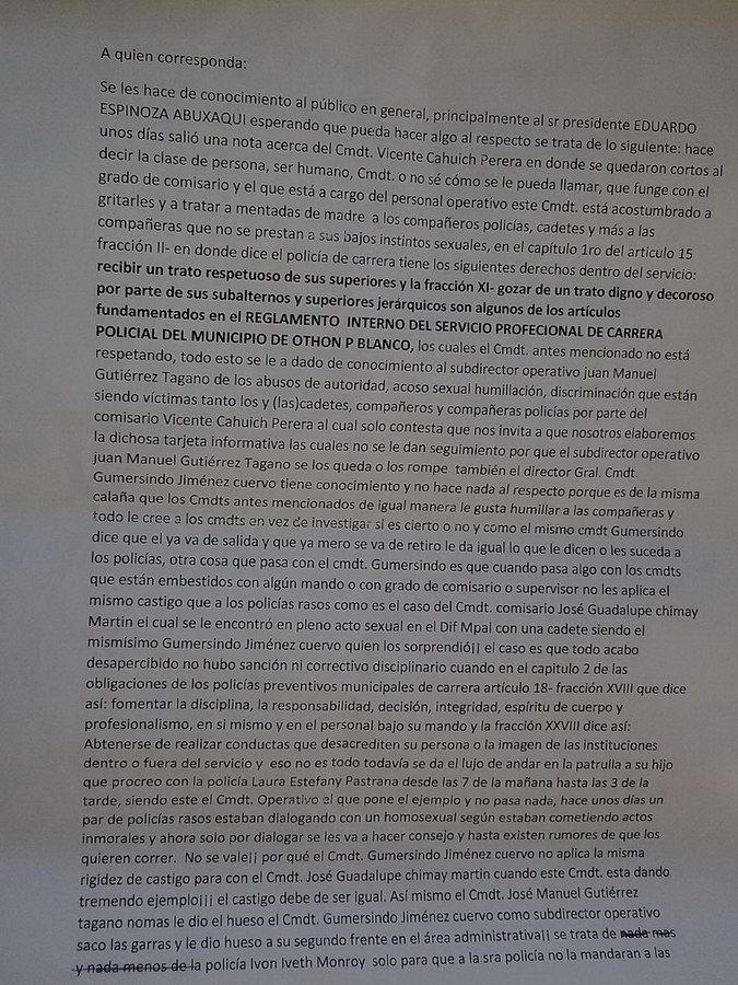 Denuncian corrupción, favores sexuales y privilegios en la Policía Municipal de Othón P. Blanco