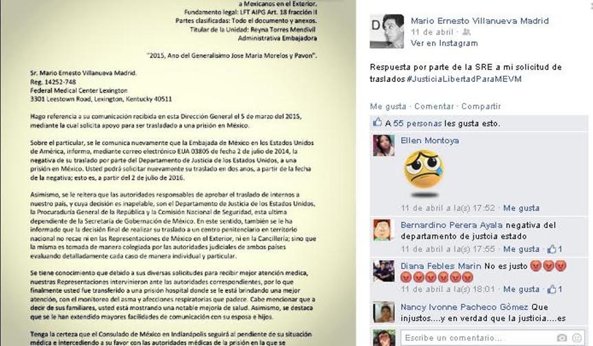 Gobierno de México no intercede por petición del ex gobernador, Mario Villanueva Madrid. Se queda prisionero en Estados Unidos