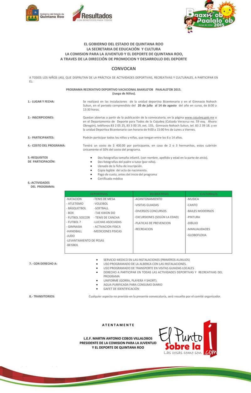 Inicia Inscripciones Para El Programa Vacacional Baaxlo’ob Paalalo’ob 2015