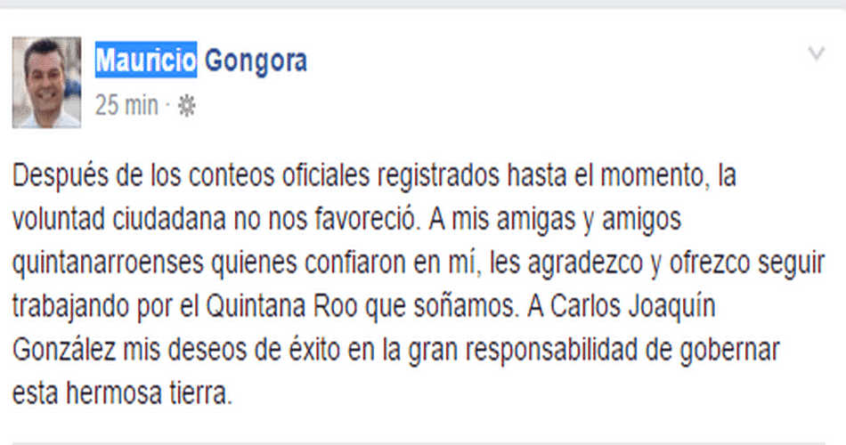 Reconoce Mauricio Góngora triunfo de Carlos Joaquin