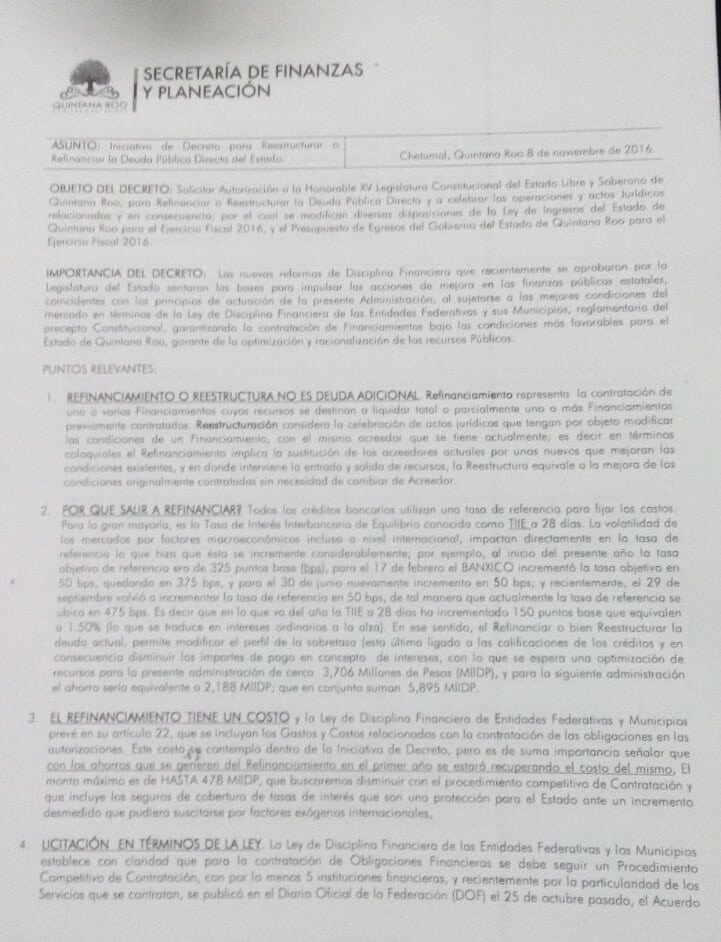 Iniciativa de Decreto para Reestructurar o Refinanciar la Deuda Pública Directa de Quintana Roo