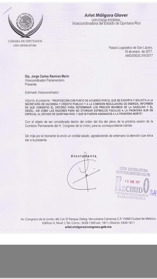 Presenta Arlet Mólgora Punto de Acuerdo para solicitar estímulos fiscales como en el norte del pais
