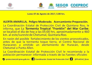 Tormenta Tropical Franklin se acerca a Q. Roo, se emite Alerta Amarilla