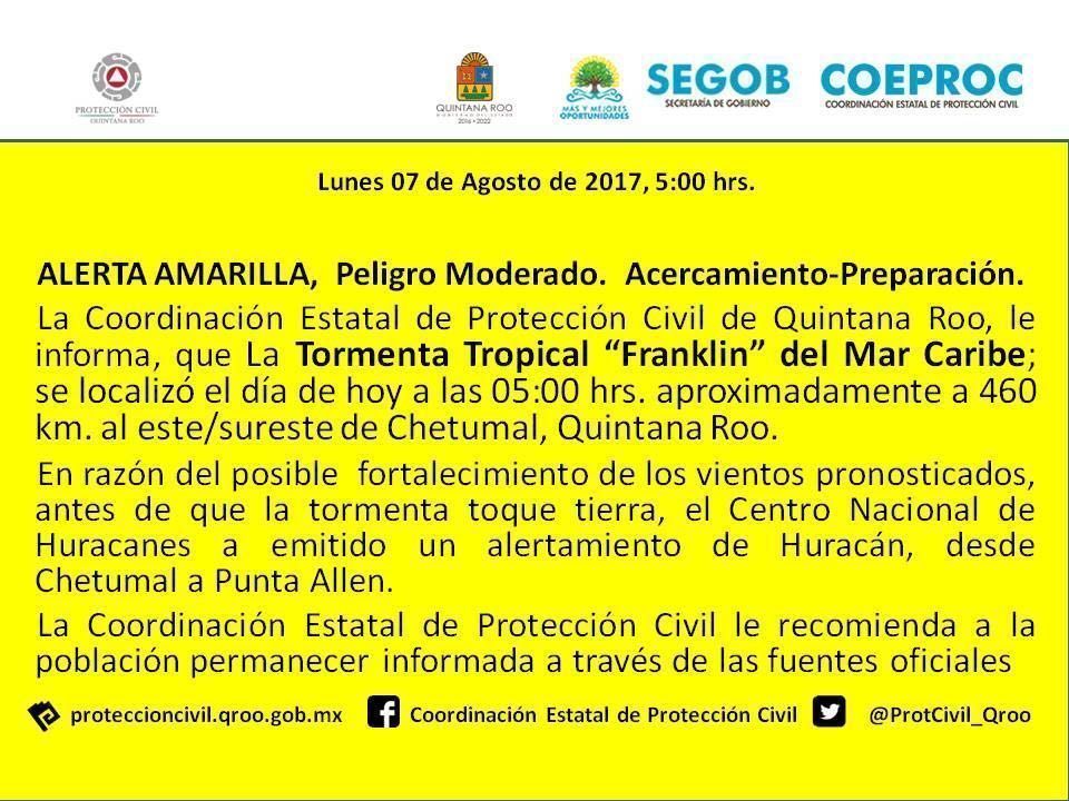 Tormenta Tropical Franklin se acerca a Q. Roo, se emite Alerta Amarilla