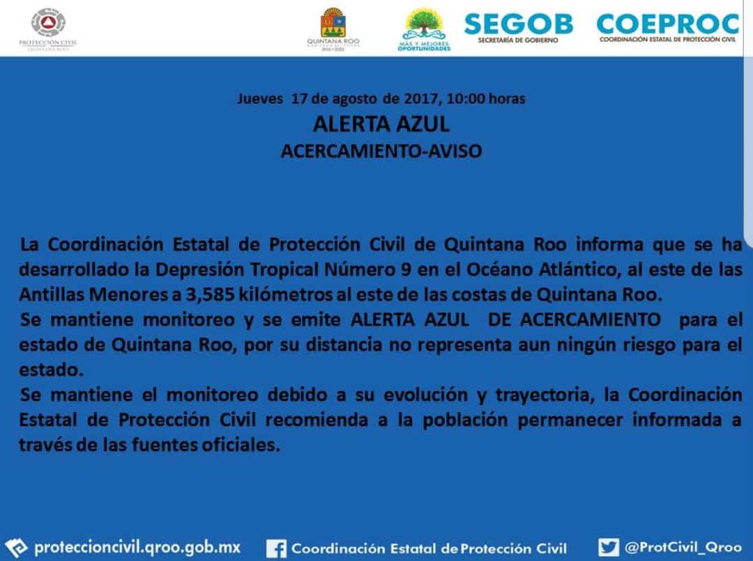 Quintana Roo en Alerta Azul por Depresión Tropical #9 en el Atlántico