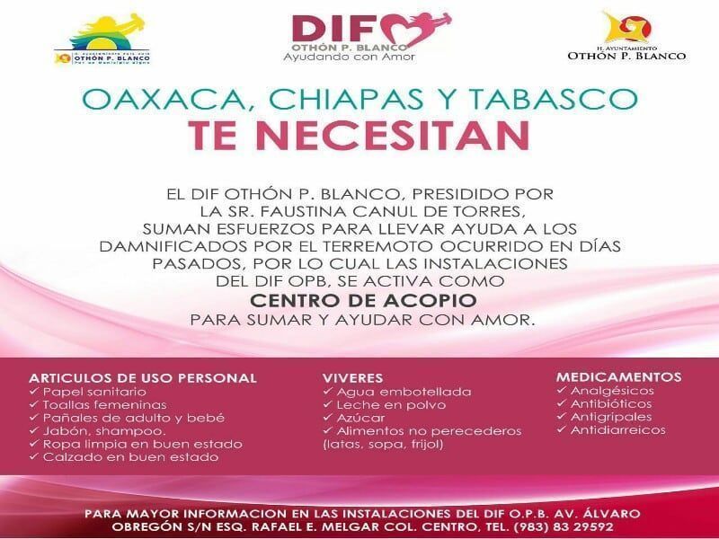 DIF de OPB abre centro de acopio para ayuda a damnificados del terremoto