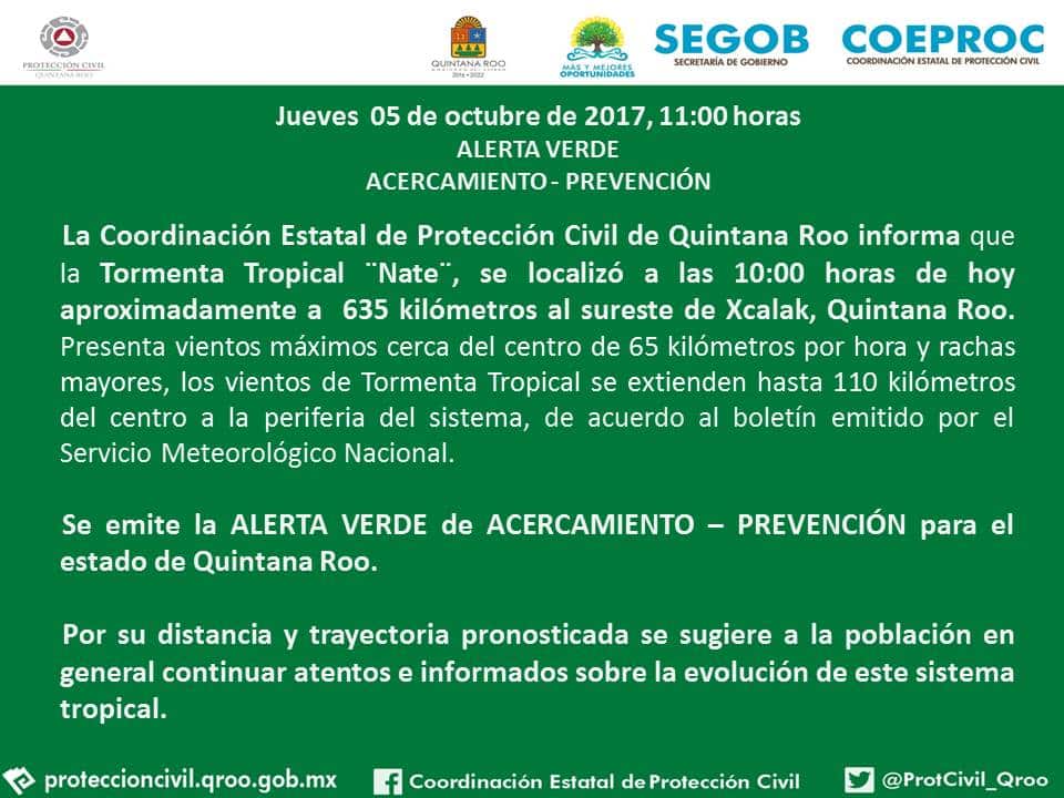 Emiten Alerta Verde para Quintana Roo por Tormenta Tropical «Nate»