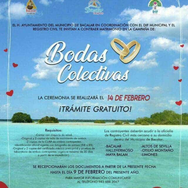 Ayuntamiento de Bacalar, invita a la población a sumarse al programa de Bodas Colectivas