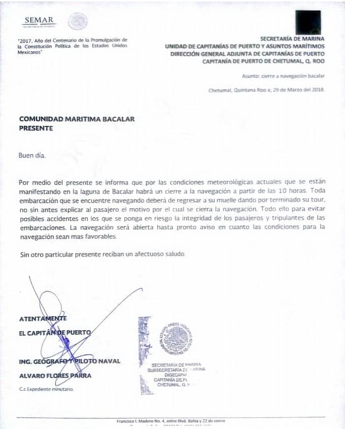 Cierran navegación en la Laguna de Bacalar