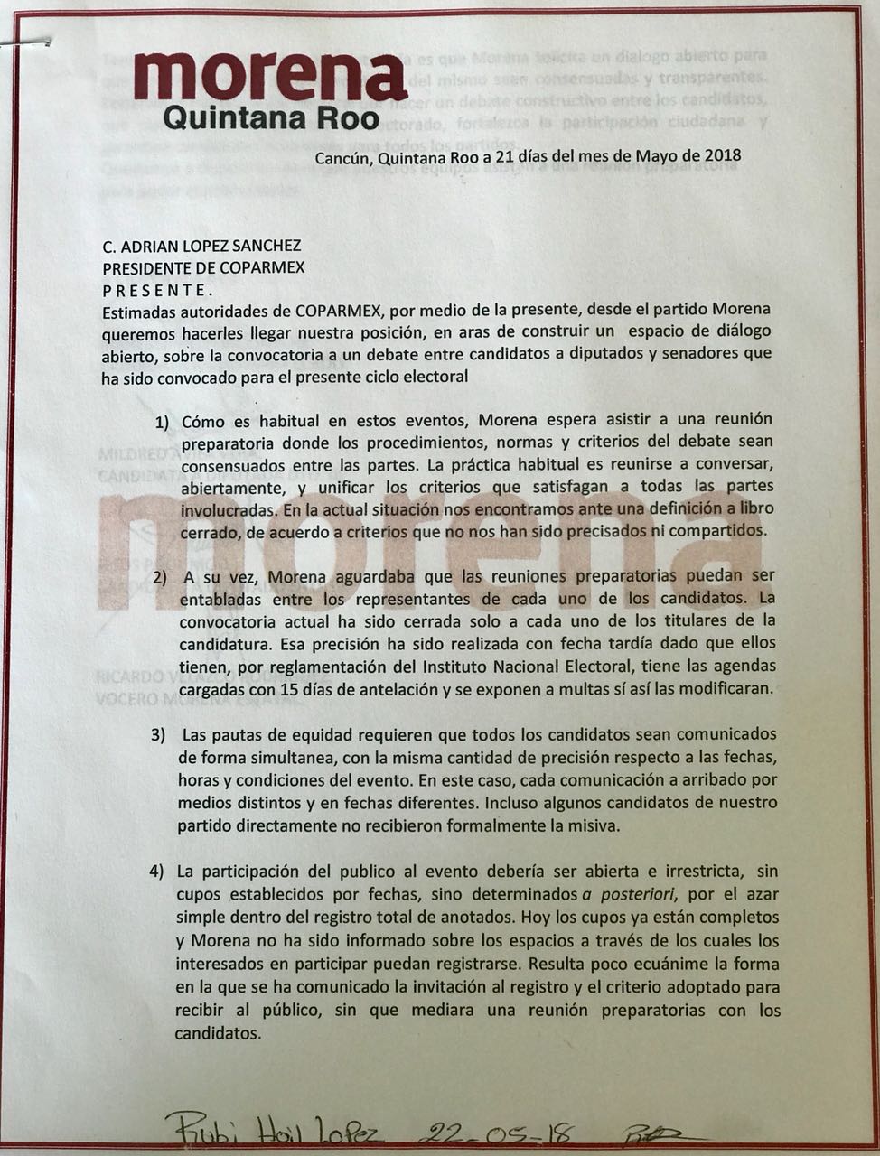 Morenistas rechazan debate de la Coparmex