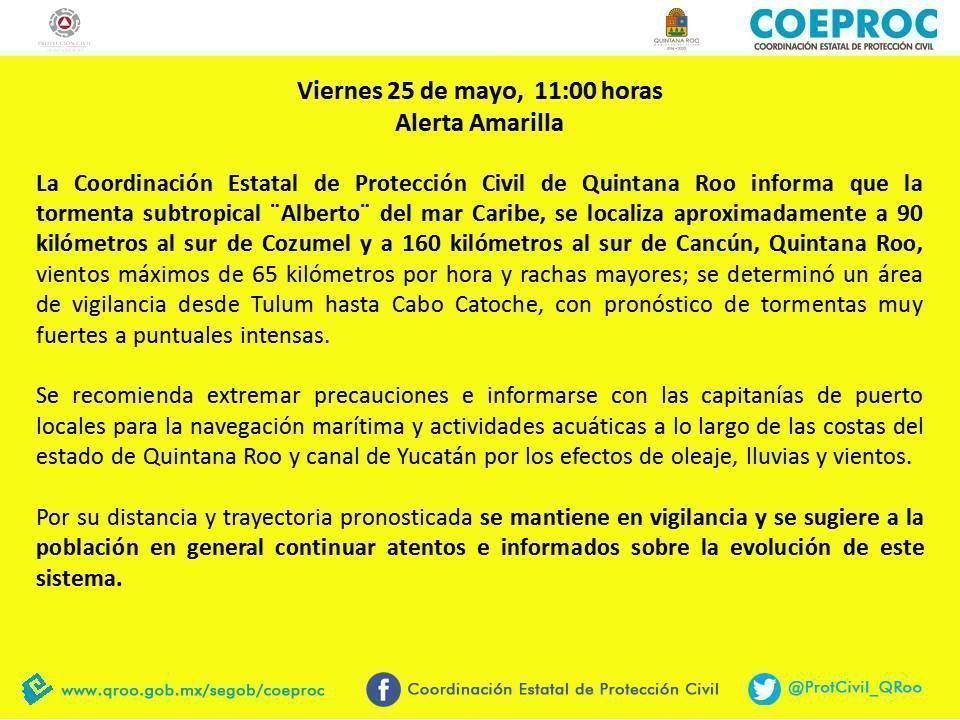 Activan alerta Amarilla para Q. Roo por tormenta subtropical «Alberto»