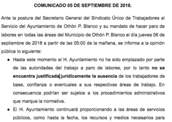 Amenaza el Ayuntamiento, con sancionar a los trabajadores que participen en el paro de labores