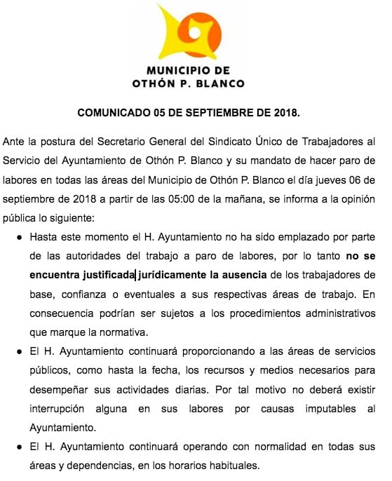 Amenaza el Ayuntamiento, con sancionar a los trabajadores que participen en el paro de labores