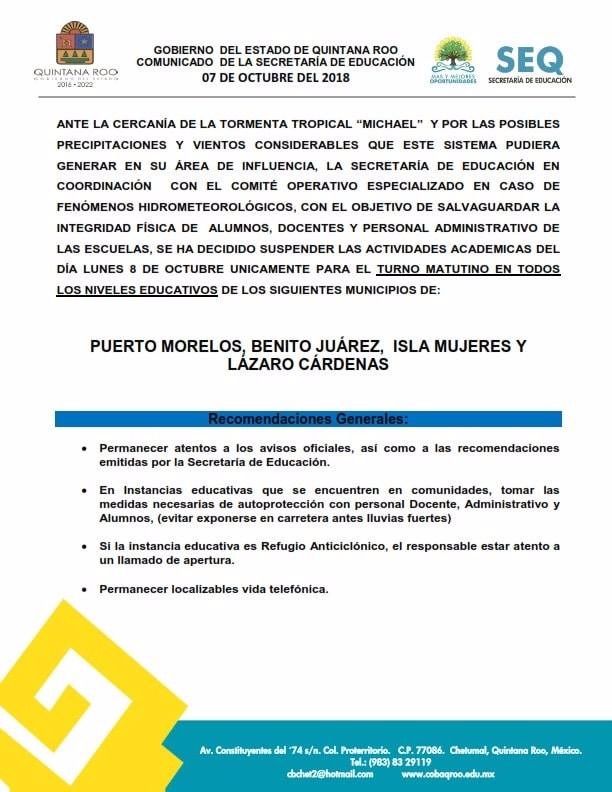 Suspenden clases en cuatro municipios