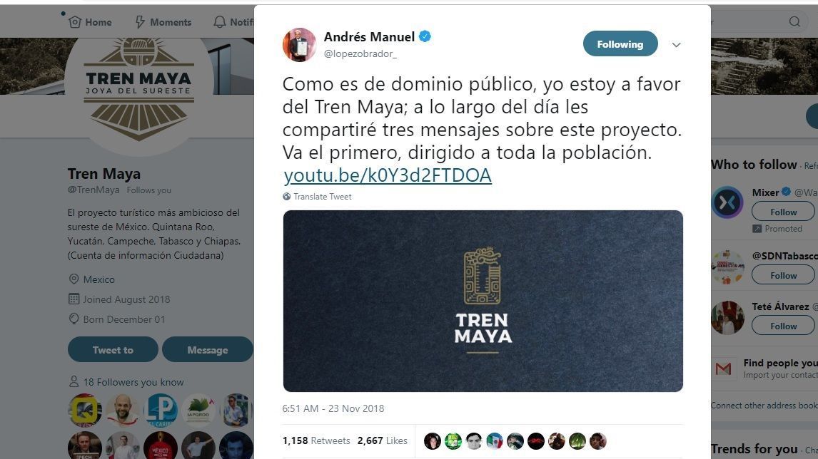 Postea AMLO uno de los tres mensajes sobre el Tren Maya