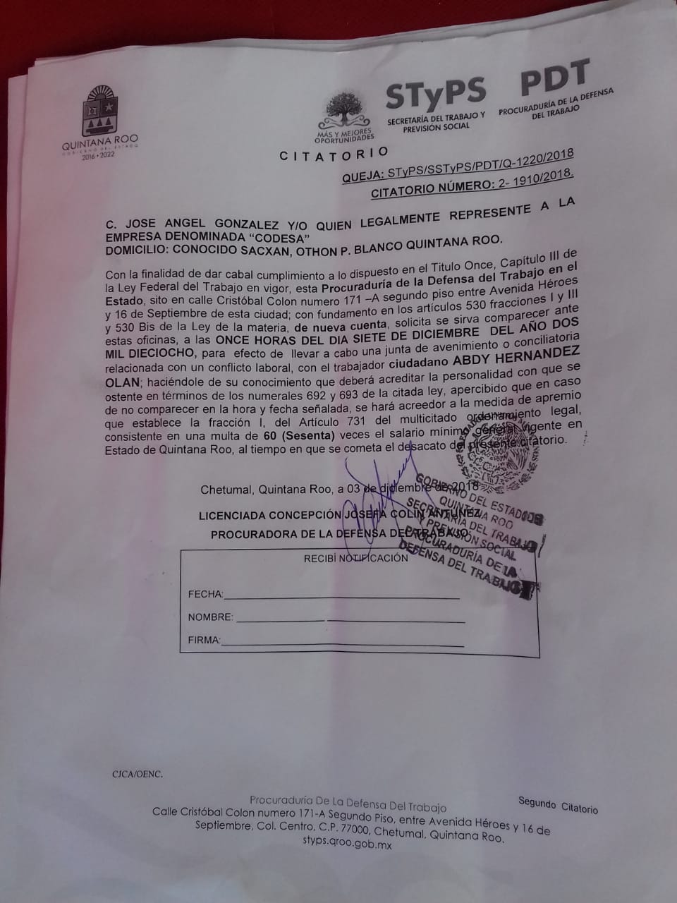 Demandan a la empresa “CODESA” por incumplimiento de pago de labores
