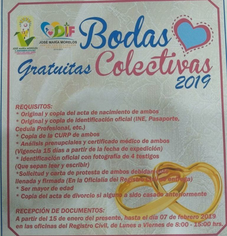 En febrero “Bodas Colectivas Gratuitas 2019”, en José María Morelos