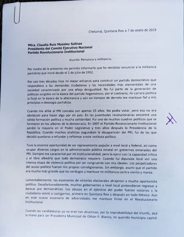 Mary Hadad renuncia al PRI