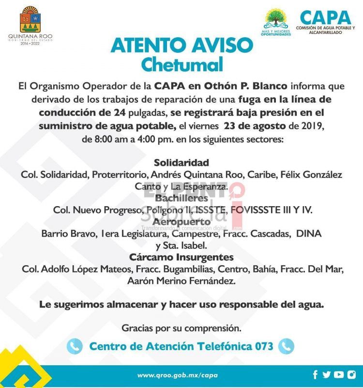 Anuncia la CAPA reparación de una fuga de agua sobre la carretera Chetumal–Escárcega