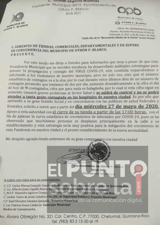 Decreta Otoniel cierre de comercios