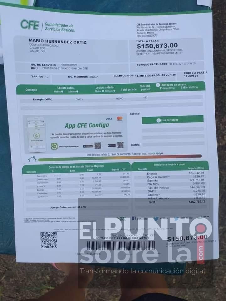 CFE sigue haciendo de las suyas,  de 800 pesos bimestrales a 152 mil 673 pesos