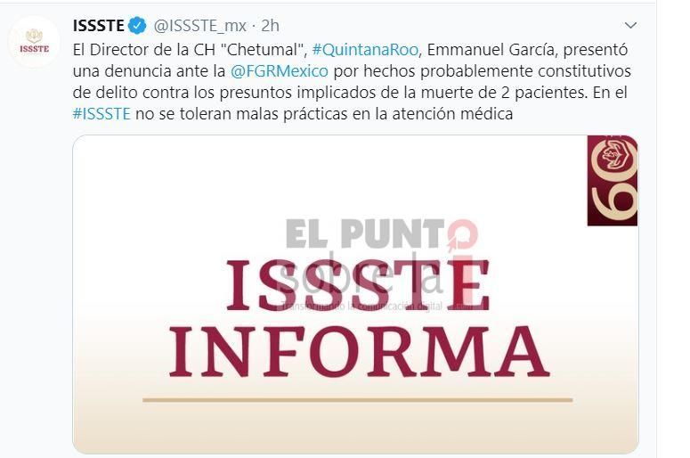 ISSSTE Chetumal presenta denuncia contra sus propios médicos