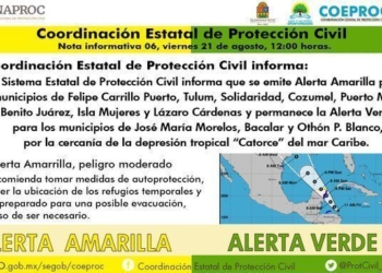 Alerta Amarilla para los municipios de Felipe Carrillo Puerto, Tulum, Solidaridad, Cozumel, Puerto Morelos, Benito Juárez, Isla Mujeres y Lázaro Cárdenas
