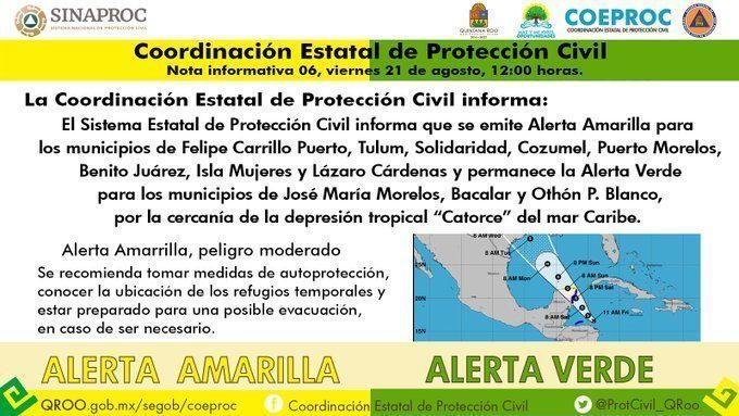 Alerta Amarilla para los municipios de Felipe Carrillo Puerto, Tulum, Solidaridad, Cozumel, Puerto Morelos, Benito Juárez, Isla Mujeres y Lázaro Cárdenas
