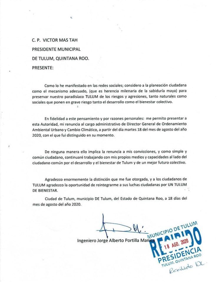 Renuncia Jorge Alberto Portilla en el Ayuntamiento de Tulum