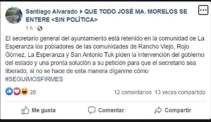 Pobladores de La esperanza detienen a secretario general del ayuntamiento de José María Morelos