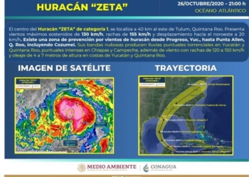 El centro del huracán Zeta se ubica a 40 km al este de Tulum