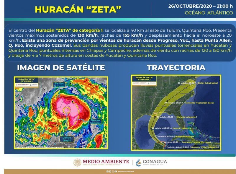 El centro del huracán Zeta se ubica a 40 km al este de Tulum