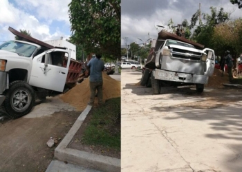 En mal estado calles de Chetumal, volquete se hundió frente al palacio municipal
