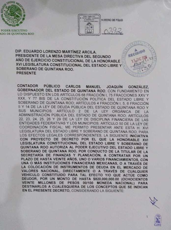 Carlos Joaquin endeudará Quintana Roo por más de 820 mdp por 20 años