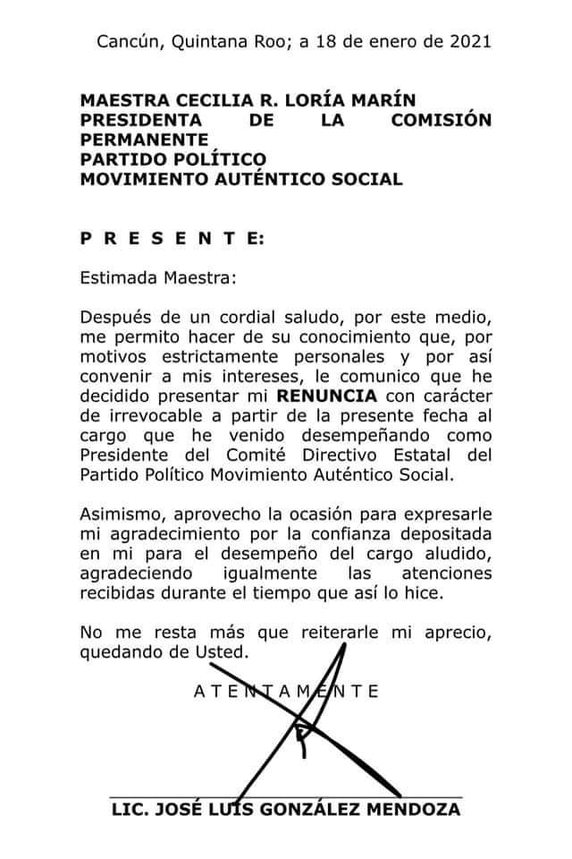 José Luis González renuncia a la dirigencia del partido político MAS