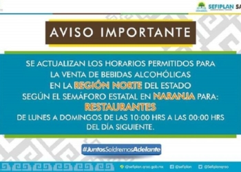 SEFIPLAN anuncia modificación de horarios de venta alcohol por semáforo naranja en la Zona Norte del Estado