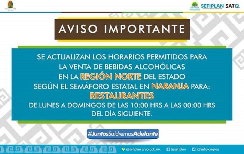 SEFIPLAN anuncia modificación de horarios de venta alcohol por semáforo naranja en la Zona Norte del Estado