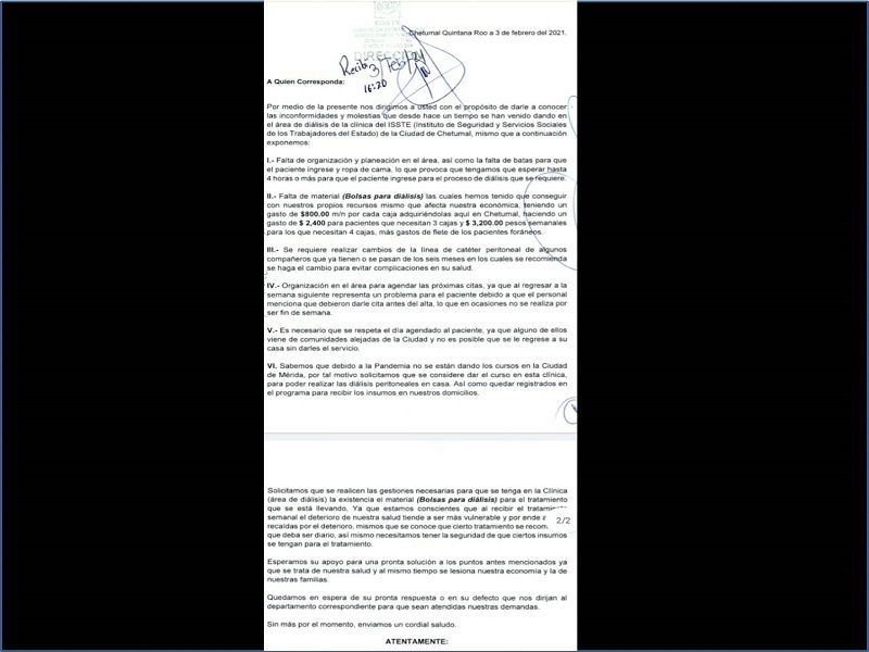 Exhiben deplorables condiciones del área de diálisis del ISSSTE en Chetumal