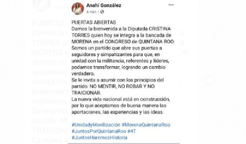 Da recibimiento Anahí González, Delegada Nacional de MORENA en Quintana Roo a Cristina Torres Gómez