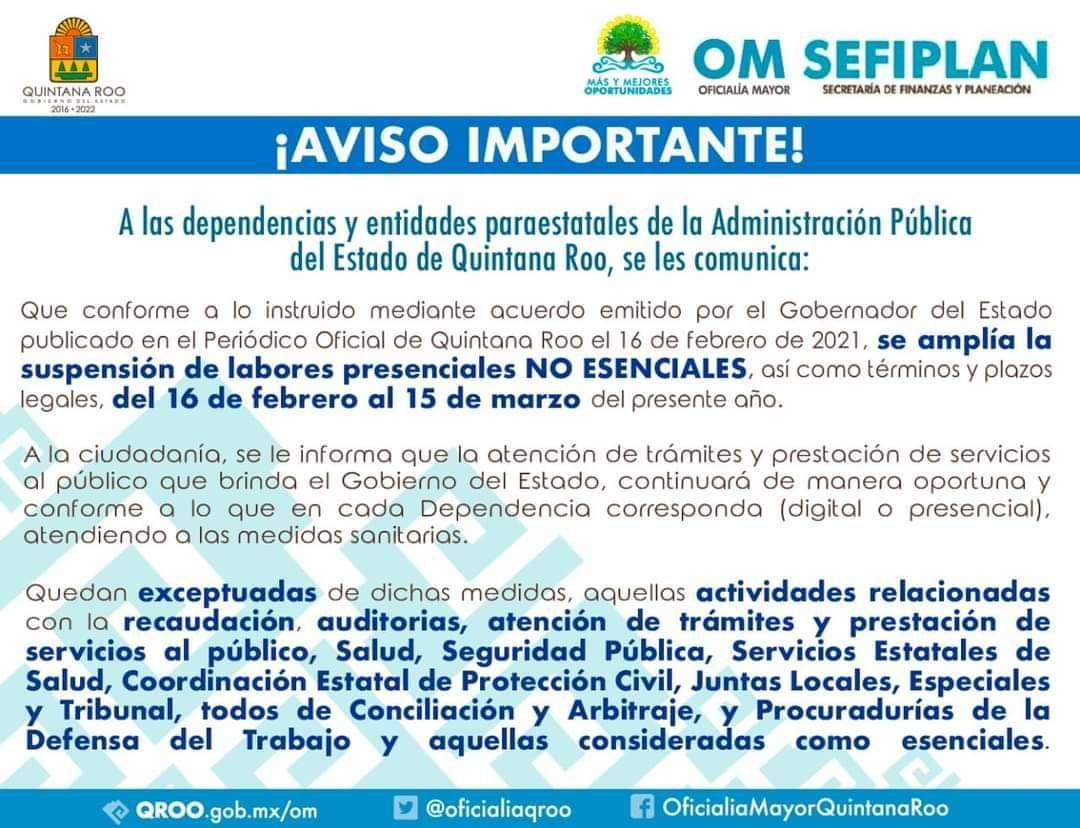 Suspensión de labores no esenciales en Quintana Roo, se alarga del 16 de febrero al 15 de marzo