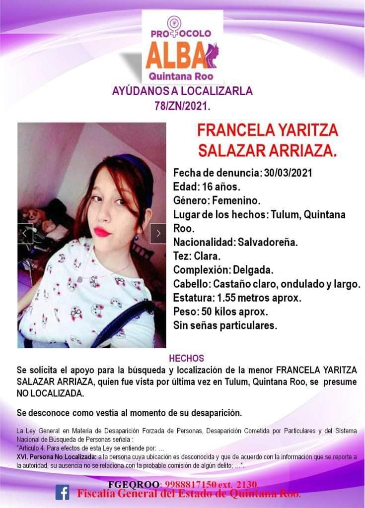 Activan protocolo de búsqueda de menor salvadoreña, habitante de Tulum