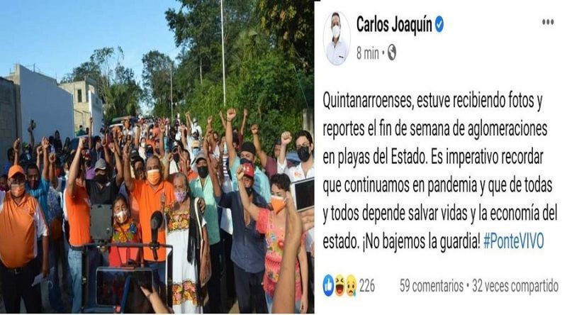 Mientras Carlos Joaquín pide no aglomeraciones en playas públicas, hace “ojos ciegos” a actos políticos