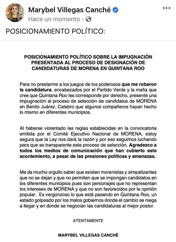Marybel Villegas impugna proceso de elección de candidato de Morena a la alcaldía de Cancún