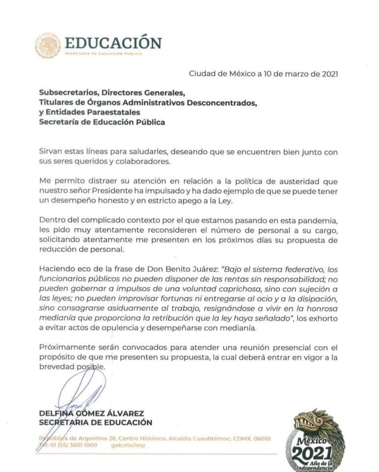 SEP solicita reducir personal por política de austeridad