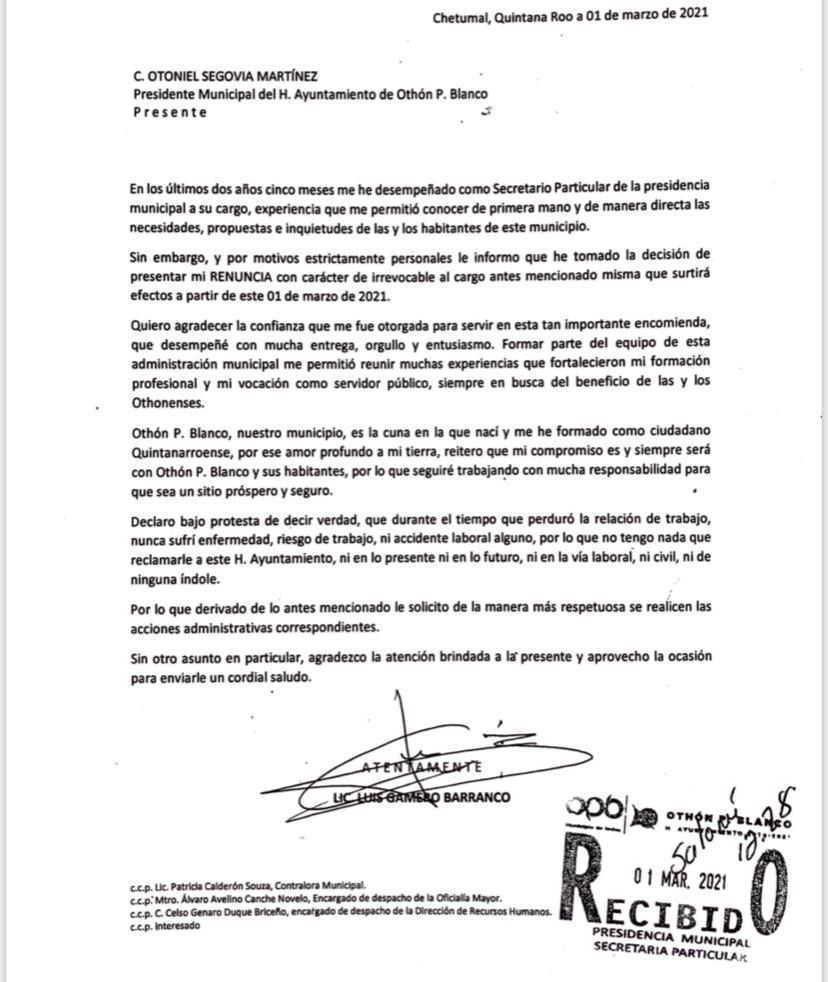 Presenta renuncia Luis Gamero Barranco como Secretario Particular en Othón P. Blanco