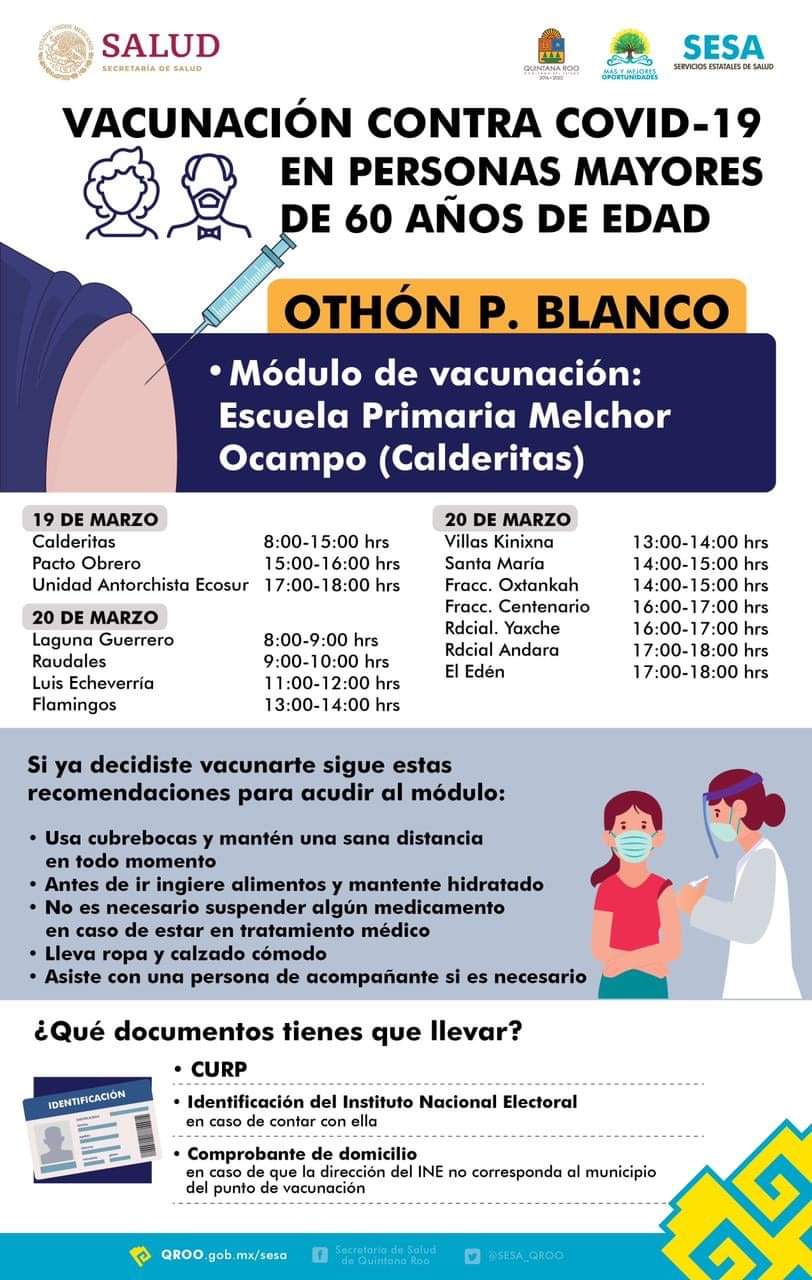 Vacunarán contra la COVID-19 a adultos mayores en Othón P. Blanco y Calderitas