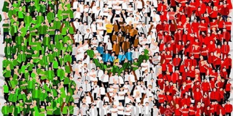 Large group of people in the shape of Mexican flag. United Mexican States. Mexico concept. Vector illustration